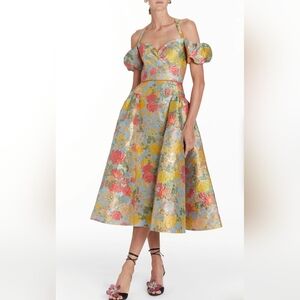 Markarian Jackie Floral Jacquard Off-The-Shoulder Puff Sleeve Drop Waist Midi